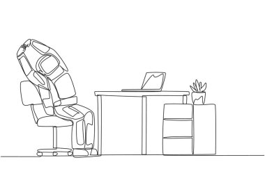 Single continuous line drawing astronaut sitting in work chair while raising both hands. Stretching. Squirming. Space expedition report is ready to be completed. One line design vector illustration