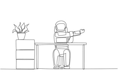 Continuous one line drawing astronaut sitting in a work chair with his arms crossed. Warm up seriously before continuing busy work. Cosmonaut outer space. Single line draw design vector illustration