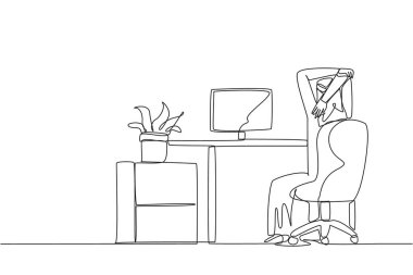Continuous one line drawing Arab man sitting in a work chair warming up his hands above his head. Avoid being stiff due to making a lot of reports. Hectic. Single line draw design vector illustration