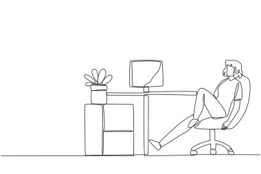 Single one line drawing woman sits in work chair with one of legs raised and folded. Do some warm-up movements. Eyes are tired and need to focus. Overtime. Continuous line design graphic illustration
