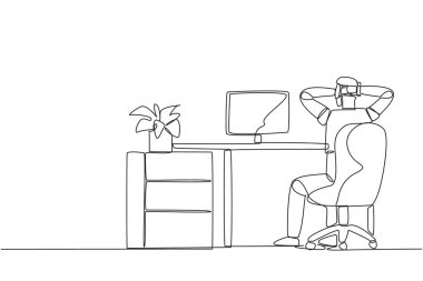 Single one line drawing robot sitting in chair with his hands holding the back of head. Take a break. Monitor test results. Reading the bug. Future tech AI. Continuous line design graphic illustration
