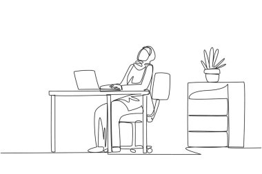 Single one line drawing Arab woman sitting in work chair typing on laptop with head tilted. Stiff neck. Less stretching. Less relaxed. Too serious. Hectic. Continuous line design graphic illustration