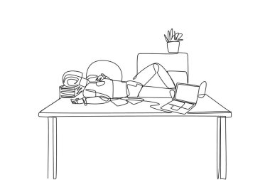 Continuous one line drawing robot fell asleep on the table with a pillow from a pile of papers. Advanced code program. Getting smarter about light sensors. Single line draw design vector illustration