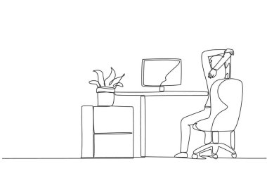 Single one line drawing woman sitting in work chair warming up her hands above her head. Relax itself. Stretch. Work can be more focused. Overtime. Hectic. Continuous line design graphic illustration