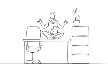 Single one line drawing Arabian woman sitting cross-legged on a work desk. Do yoga activities while at the office. Makes the mind calm and focused better. Continuous line design graphic illustration