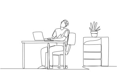Single one line drawing man sitting in work chair typing on a laptop with his head tilted. Eliminates tension in the neck due to too much focus. Overtime. Continuous line design graphic illustration