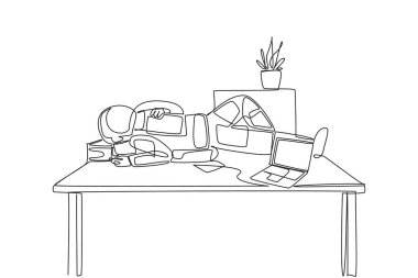 Single continuous line drawing astronaut fell asleep on table with pillow from a pile of papers. Fatigue. Preparing for expedition takes a lot of energy and time. One line design vector illustration
