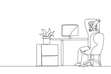 Single continuous line drawing man sitting in a work chair warming up his hands above his head. Work overtime on weekends. Requires more focus than usual. Stretch. One line design vector illustration