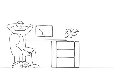 Single one line drawing man sitting in chair with his hands holding the back of head. Seen from behind. Work overtime on weekends. Remote work. Monitoring. Continuous line design graphic illustration