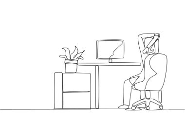 Continuous one line drawing Arab woman sitting in a work chair warming up hands above her head. Stretch watching streaming video. Stay active even if busy. Single line draw design vector illustration