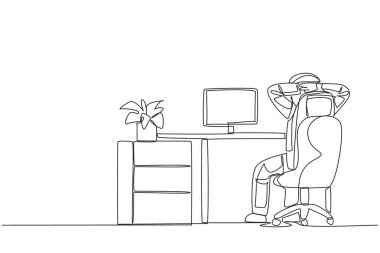 Single continuous line drawing astronaut sitting in chair with his hands holding the back of head. Rest while monitoring the location of the space expedition. One line design vector illustration