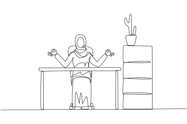 Single continuous line drawing Arab woman sitting in work chair with her fingers rounded. Relax the mind with yoga activities. Relax and take advantage of the time. One line design vector illustration