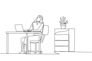Continuous one line drawing Arab man sitting in work chair typing on a laptop with his head tilted. Stretching. Eliminates stiff neck due to being too busy. Single line draw design vector illustration
