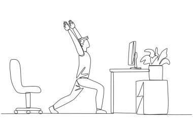 Single one line drawing man stands with both hands raised and legs stretched. Work overtime on weekends. Try focus to complete work as quickly as possible. Continuous line design graphic illustration