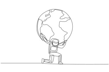 Single one line drawing astronaut kneels while cradling a globe. Fighting alone is very tiring. An invitation to protect the earth together. Cosmonaut care. Continuous line design graphic illustration