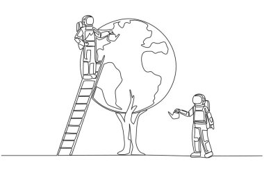 Continuous one line drawing astronaut climbs a ladder watering a tree whose leaves form a globe. Extraordinary collaboration to care for beloved earth. Single line draw design vector illustration