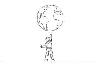 Single one line drawing astronaut standing lifting the globe with one hand. Strong determination to keep the earth beautiful. Cosmonaut caring the earth. Continuous line design graphic illustration