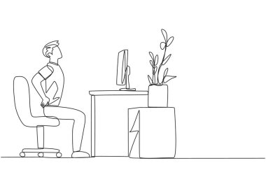 Continuous one line drawing man sitting in a work chair with hands holding his waist. Stretch body and mind. Work overtime on weekends. Relax for a moment. Single line draw design vector illustration