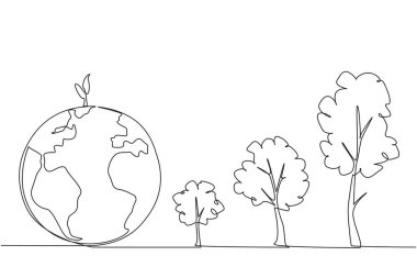Single continuous line drawing bud grow above the globe. The better the condition of the earth, the better and thicker the trees that grow. World environment day. One line design vector illustration