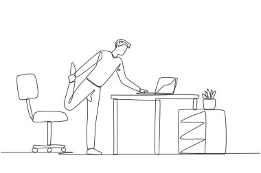 Single one line drawing man standing with one leg raised and his hand typing on a laptop. Make a presentation during an online meeting while stretching. Continuous line design graphic illustration