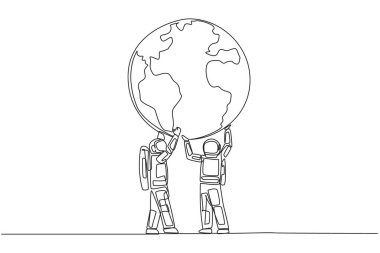 Single one line drawing two astronauts hold up globe together with both hands. Returning from expedition, enthusiasm for protecting earth grow stronger. Continuous line design graphic illustration