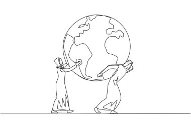 Continuous one line drawing globe is carried by Arab man assisted by Arab woman who holds it. Support each other to protect and care for beauty of earth. Single line draw design vector illustration