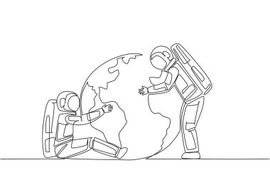 Single continuous line drawing two astronauts hugging globe. Best message from a spaceman: Protect the earth with all  efforts. Re-green beloved earth. Save planet. One line design vector illustration