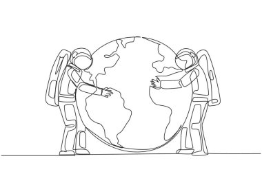 Continuous one line drawing two astronauts standing hugging globe. Take care of each other with all the heart. Keeps earth green. Cosmonaut protect earth. Single line draw design vector illustration