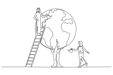Continuous one line drawing Arab man climbs a ladder watering a tree whose leaves form a globe. Invitation to plant trees. Preserving nature. Save planet. Single line draw design vector illustration