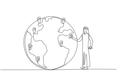 Single one line drawing Arab man places pin location point on surface of globe. Image of distribution of urgent areas for immediate afforestation. Protect. Continuous line design graphic illustration