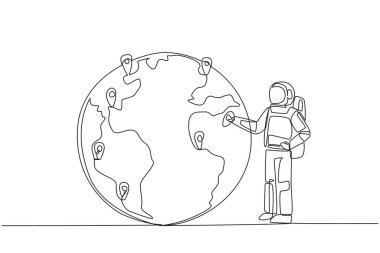 Continuous one line drawing astronaut places a pin location point on surface of globe. Mapping from space areas whose sustainability is urgently needed. Single line draw design vector illustration
