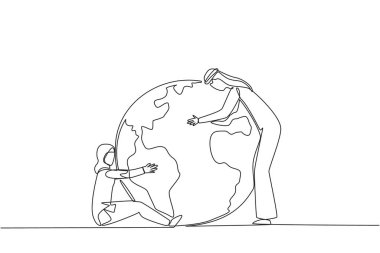 Single continuous line drawing Arab man and Arab woman hugging the globe in their own style. Protect the earth. Love the earth. Environmental care. For better air. One line design vector illustration