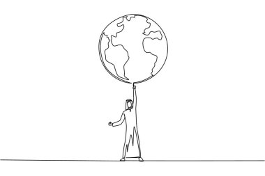 Single one line drawing Arabian man standing lifting globe with one hand. In a healthy soul there is a strong body. No pollution. Green the earth. Protect. Continuous line design graphic illustration