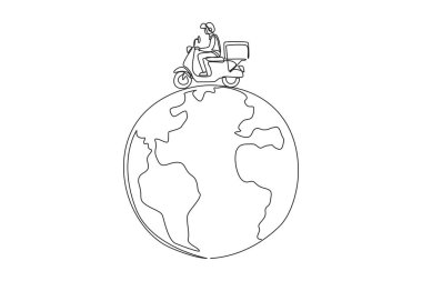 Single one line drawing a man riding package motorbike. Delivering packages across countries and continents. Throws out a lot of carbon gas. Save the earth. Continuous line design graphic illustration clipart