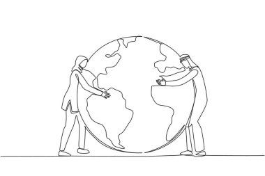 Continuous one line drawing Arabian man and Arabian woman standing hugging earth. Care about protecting the environment. Do not carry out illegal logging. Single line draw design vector illustration