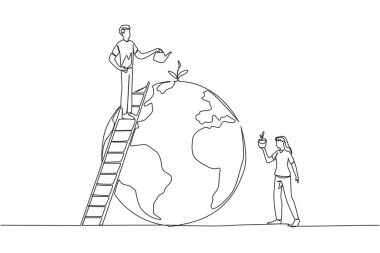 Continuous one line drawing man and woman work together to green the earth. Plant as many trees as can. Makes the air cleaner. Ecology concept. Environment. Single line draw design vector illustration