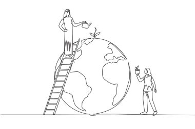 Continuous one line drawing Arab man and woman work together to green the earth. Plant as many trees as possible. Reduce excess pollution. Protect earth. Single line draw design vector illustration