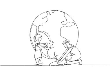 Continuous one line drawing Arabian girl standing watering plants. Encourage children to get used to caring for nature. Plant Trees. Make the earth greener. Single line draw design vector illustration