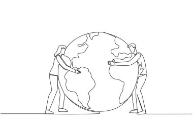 Continuous one line drawing man and woman standing hugging earth. Keeping earth always naturally green. The best inheritance for children and grandchildren. Single line draw design vector illustration