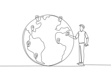 Single one line drawing man places a pin location point on surface of globe. Mapping areas that are very important for immediate tree planting. Earth day. Continuous line design graphic illustration