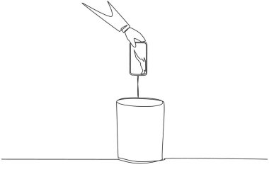 Single continuous line drawing businessman's hand throwing away a smartphone a cracked screen. Very disturbing to eyesight. Cannot provide an objective assessment. One line design vector illustration