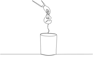 Single one line drawing businessman's hand throwing away a broken lightbulb. Unoriginal idea. Plagiarized ideas. Cannot make changes. Useless. Wrecked. Continuous line design graphic illustration