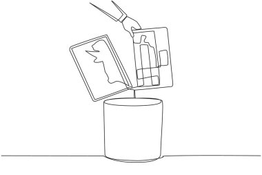 Continuous one line drawing businessman's hand throwing away a laptop with a cracked screen. The latest technology that cannot be utilized. Useless. Broken. Single line draw design vector illustration