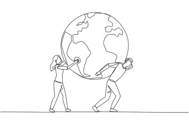 Single one line drawing globe is carried by a man assisted by a woman who holds it. Never tire of making the earth better. World environment day. Protect. Continuous line design graphic illustration