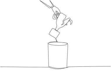 Continuous one line drawing businessman's hand throwing away broken trophy. Past glories can only be remembered. Make it a motivation to be better. Cracked. Single line draw design vector illustration