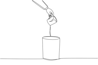 Single continuous line drawing businessman's hand throws away broken mug. businessman's hand throws away broken mug. Can not be used. Drinking water will seep out. One line design vector illustration