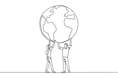 Single continuous line drawing a man and a woman hold up a globe together with both hands. Teamwork to make the earth more habitable. Reforestation. Earth day. One line design vector illustration