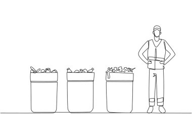 Single one line drawing trash man standing near three trash cans. Waste grouping. Simplify the process at the landfill. Reuse. Styled like a HSE Officer. Continuous line design graphic illustration