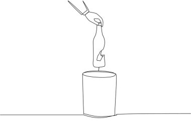 Single one line drawing businessman's hand throwing away a broken bottle. Dangerous. Can be used as sharp weapon. Must be thrown away immediately. Cracked. Continuous line design graphic illustration