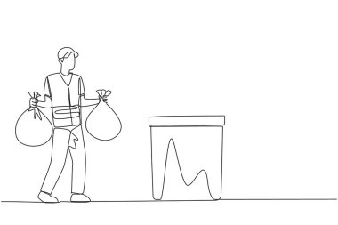Single continuous line drawing trash man carrying two plastic trash bags. Clean more thoroughly. Clean environment, fresh air, avoid disease. Environmental care. One line design vector illustration